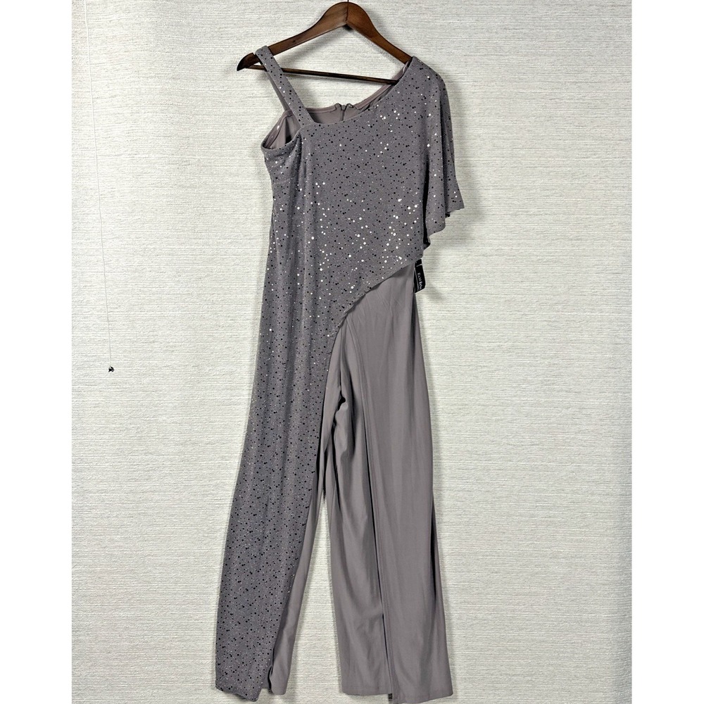 R&M Richards One Shoulder Jumpsuit Size 6 Champagne Sequin Cape Formal NWT
